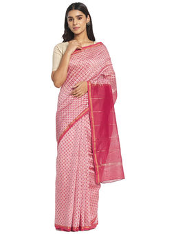 Fabindia - Pink Hand Block Print Cotton Silk Saree