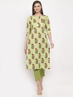 Indibelle - Green Cotton Floral Print Straight Kurta