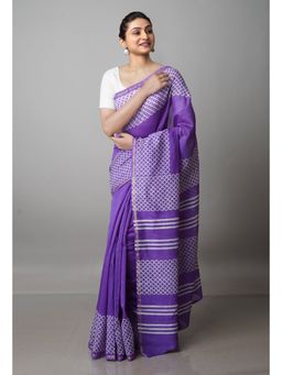 Unnati Silks - Purple Pure Block Printed Chanderi Sico Saree with Unstitched Blouse