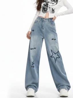 Outzidr - Blue Embroidered Mid Waist Jeans