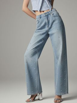 Outzidr - Blue Embellished/Sequined Mid Waist Jeans