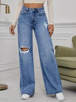 Outzidr - Blue Solid/Plain Mid Waist Jeans