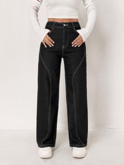 Outzidr - Black Solid/Plain Mid Waist Jeans