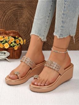 ZELION - Women Gold Stylish Wedges Heels - Comfortable and Trendy Footwear