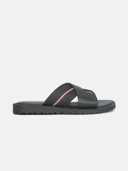 Tommy Hilfiger - Men Black Solid Leather Slip On Sandals