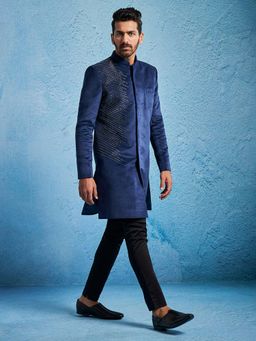 Vastramay - Men Velvet Embroidered Sequined Indo Western Sherwani with Pyjama (Set of 2)