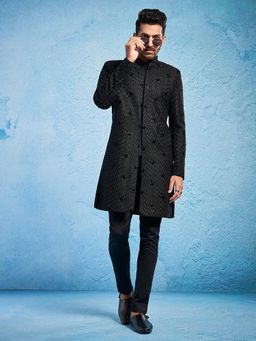 Vastramay - Men Velvet Embroidered Sequined Indo Western Sherwani with Pyjama (Set of 2)