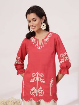 Nayam by lakshita - Red Solid Embroidered A-Line Cotton Short Kurti