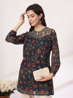 Nayam by lakshita - Navy Blue Floral Printed Georgette Short Kurti