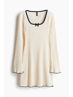 H&M - Women White Ribbed Flared-Skirt Dress