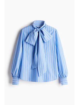 H&M - Women Blue Bow-Collar Poplin Blouse
