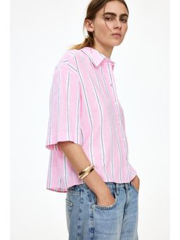 H&M - Women Pink Oversized Linen-Blend Shirt