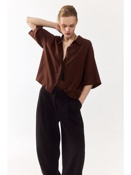 H&M - Women Brown Oversized Linen-Blend Shirt