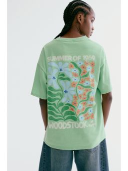 H&M - Women Green Oversized Print-Motif T-Shirt
