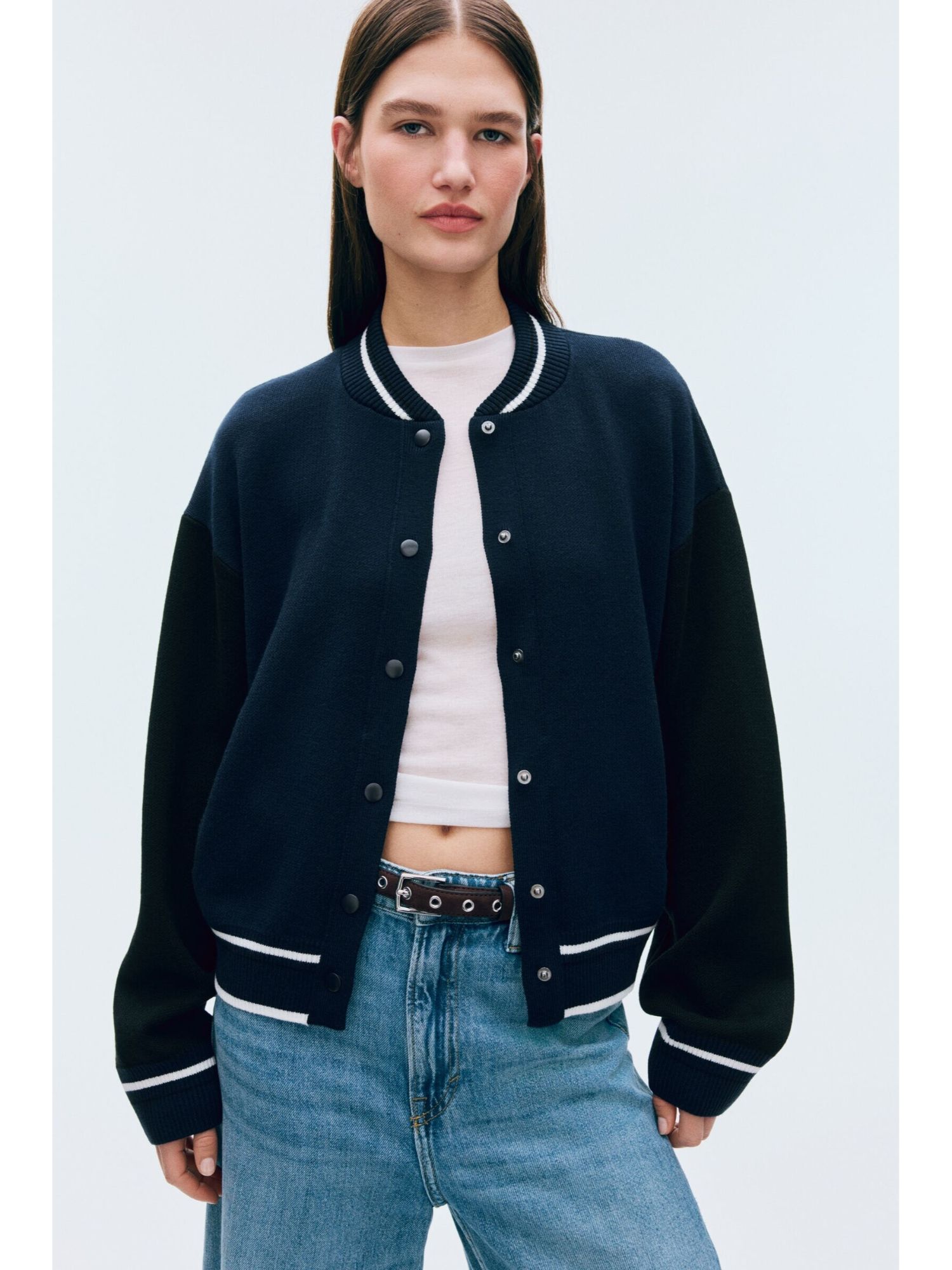 h&m Women Navy Blue Knitted Baseball Jacket-picture-27