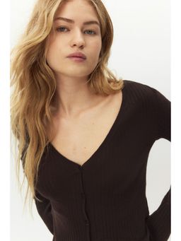 H&M - Women Brown Rib-knit linen-blend cardigan