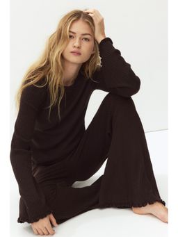 H&M - Women Brown Flared rib-knit linen-blend trousers