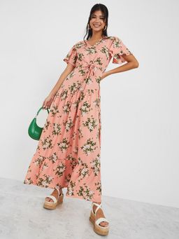 Styli - Peach Flared Short Sleeve V-Neck Floral Print Tiered Maxi Dress with Waist Tie-Up