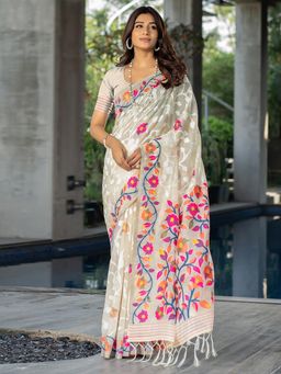 SATRANI - Women Off White Cotton Jacquard with Tassel Saree with Unstitched Blouse