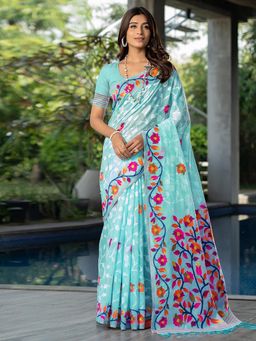 SATRANI - Women Blue Cotton Jacquard with Tassel Saree with Unstitched Blouse