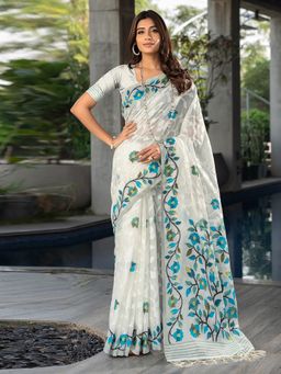 SATRANI - Women White Cotton Jacquard with Tassel Saree with Unstitched Blouse