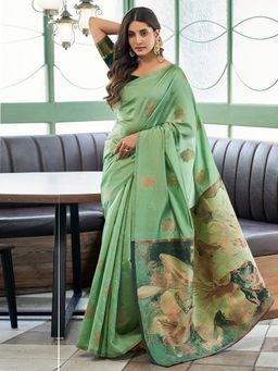 SATRANI - Women Green Silk Jacquard Saree with Unstitched Blouse