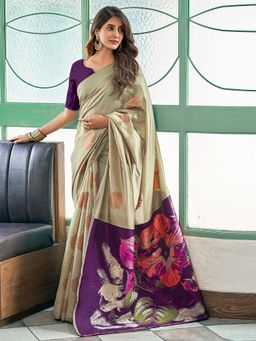 SATRANI - Women Beige Silk Jacquard Saree with Unstitched Blouse