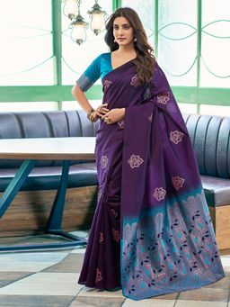 SATRANI - Women Purple Silk Jacquard Saree with Unstitched Blouse