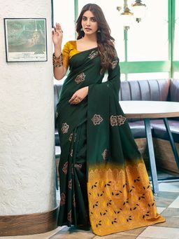 SATRANI - Women Green Silk Jacquard Saree with Unstitched Blouse