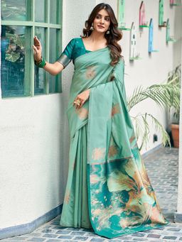 SATRANI - Women Green Silk Jacquard Saree with Unstitched Blouse