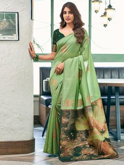 SATRANI - Women Green Silk Jacquard Saree with Unstitched Blouse