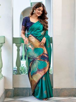 SATRANI - Women Blue Silk Jacquard Saree with Unstitched Blouse