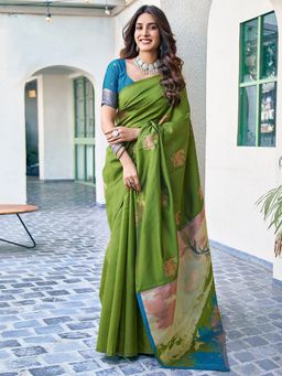 SATRANI - Women Green Silk Jacquard Saree with Unstitched Blouse