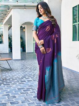 SATRANI - Women Purple Silk Jacquard Saree with Unstitched Blouse