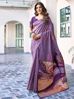 SATRANI - Women Purple Silk Jacquard Saree with Unstitched Blouse