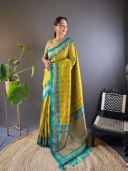 SGF11 - Mustard Women Kanjivaram Soft Silk Saree with Unstitched Blouse