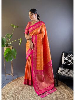 SGF11 - Orange Women Kanjivaram Soft Silk Saree with Unstitched Blouse