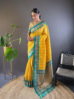 SGF11 - Yellow Women Kanjivaram Soft Silk Saree with Unstitched Blouse