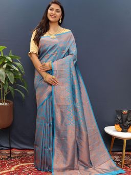 SGF11 - Teal Women Kanjivaram Soft Silk Saree with Unstitched Blouse