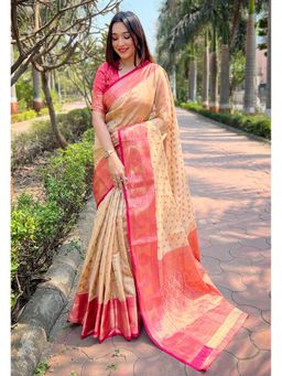 SGF11 - Cream Women Kanjivaram Designer Tissue Soft Silk Saree with Unstitched Blouse