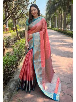 SGF11 - Peach Women Kanjivaram Designer Tissue Soft Silk Saree with Unstitched Blouse