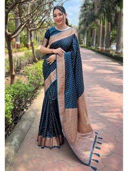 SGF11 - Blue Women Kanjivaram Satin Zari Woven Soft Silk Saree with Unstitched Blouse