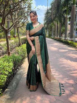 SGF11 - Green Women Kanjivaram Satin Zari Woven Soft Silk Saree with Unstitched Blouse