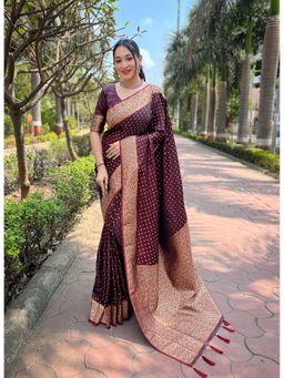 SGF11 - Maroon Women Kanjivaram Satin Zari Woven Soft Silk Saree with Unstitched Blouse