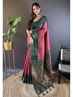 SGF11 - Peach Women Kanjivaram Soft Silk Saree with Unstitched Blouse