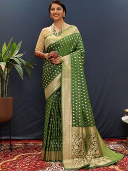 SGF11 - Green Women Kanjivaram Soft Silk Saree with Unstitched Blouse