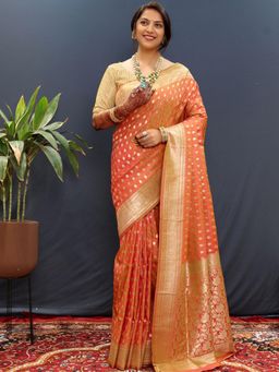 SGF11 - Orange Women Kanjivaram Soft Silk Saree with Unstitched Blouse
