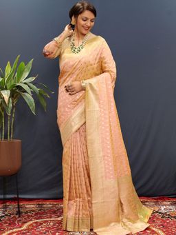 SGF11 - Peach Women Kanjivaram Soft Silk Saree with Unstitched Blouse