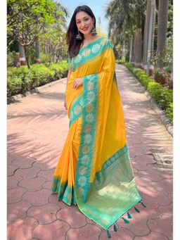 SGF11 - Yellow Women Kanjivaram Soft Silk Saree with Unstitched Blouse