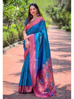 SGF11 - Aqua Women Kanjivaram Paithani Silk Saree with Unstitched Blouse